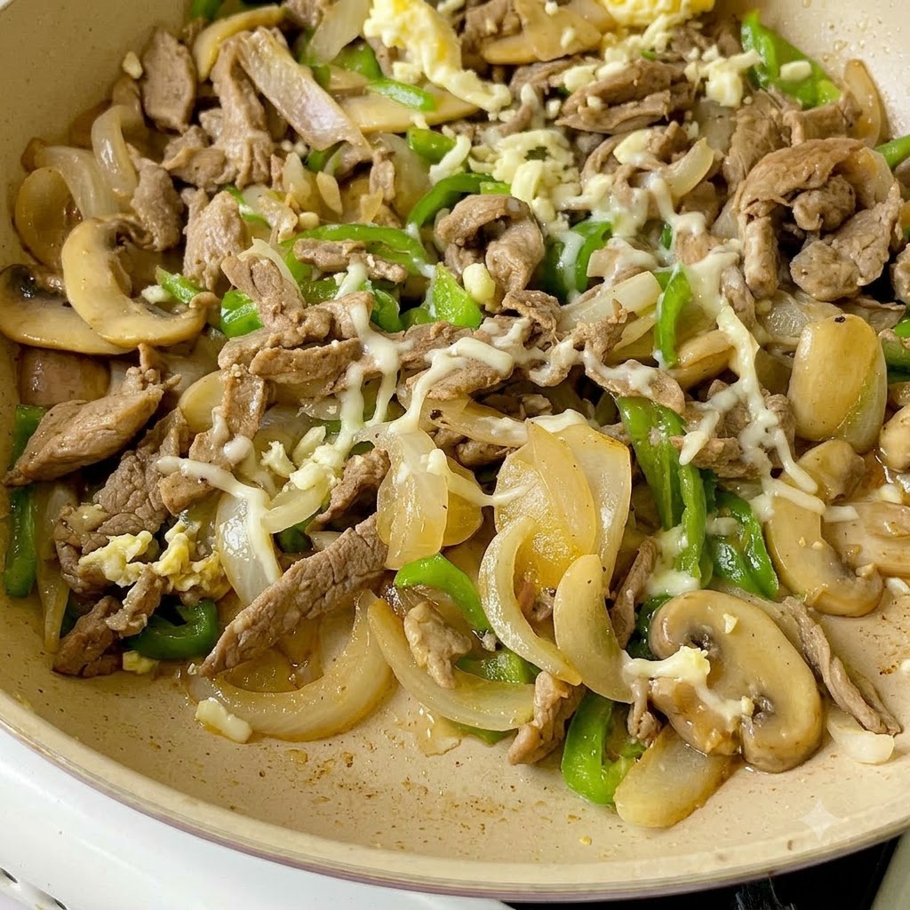 Queso rallado espolvoreado en la sartén sobre la carne y las verduras salteadas.
