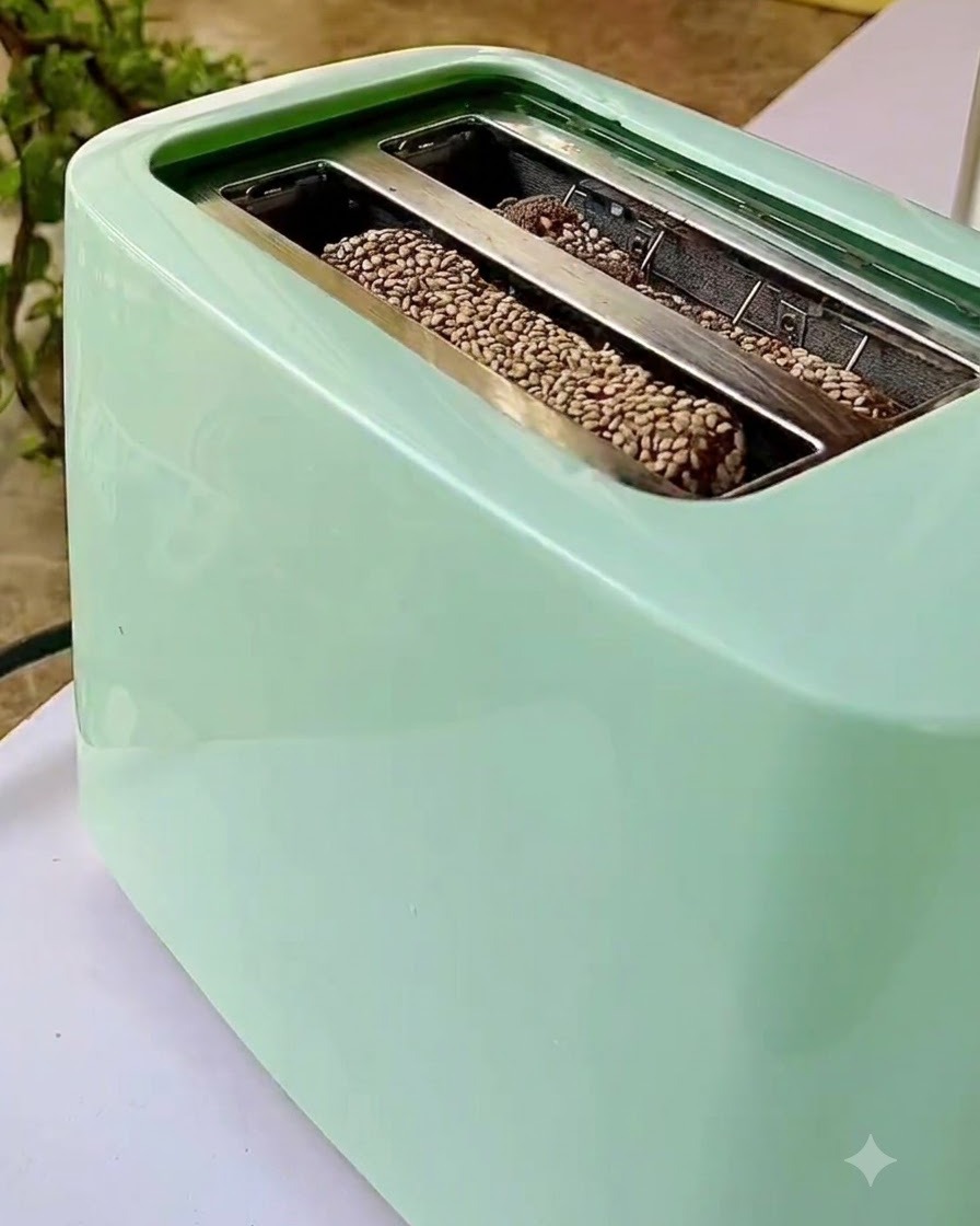 Rebanadas de pan multigrano colocadas dentro de las ranuras de una tostadora verde clara.
