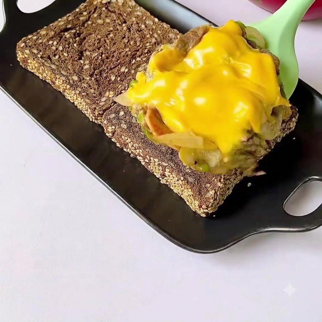 La mezcla cocida de carne y queso fundido siendo servida sobre pan multigrano tostado en una bandeja negra.