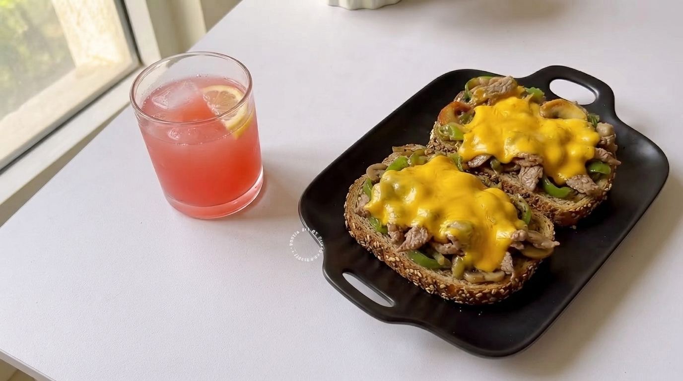 Tostada Abierta de Philly Cheesesteak con Bebida Refrescante