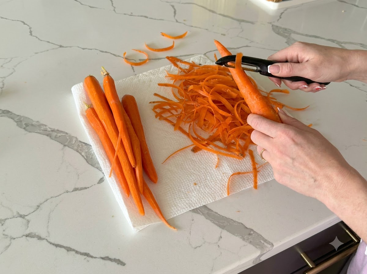 Zanahorias peladas cortándose en trozos muy pequeños en un espacio de trabajo de cocina.