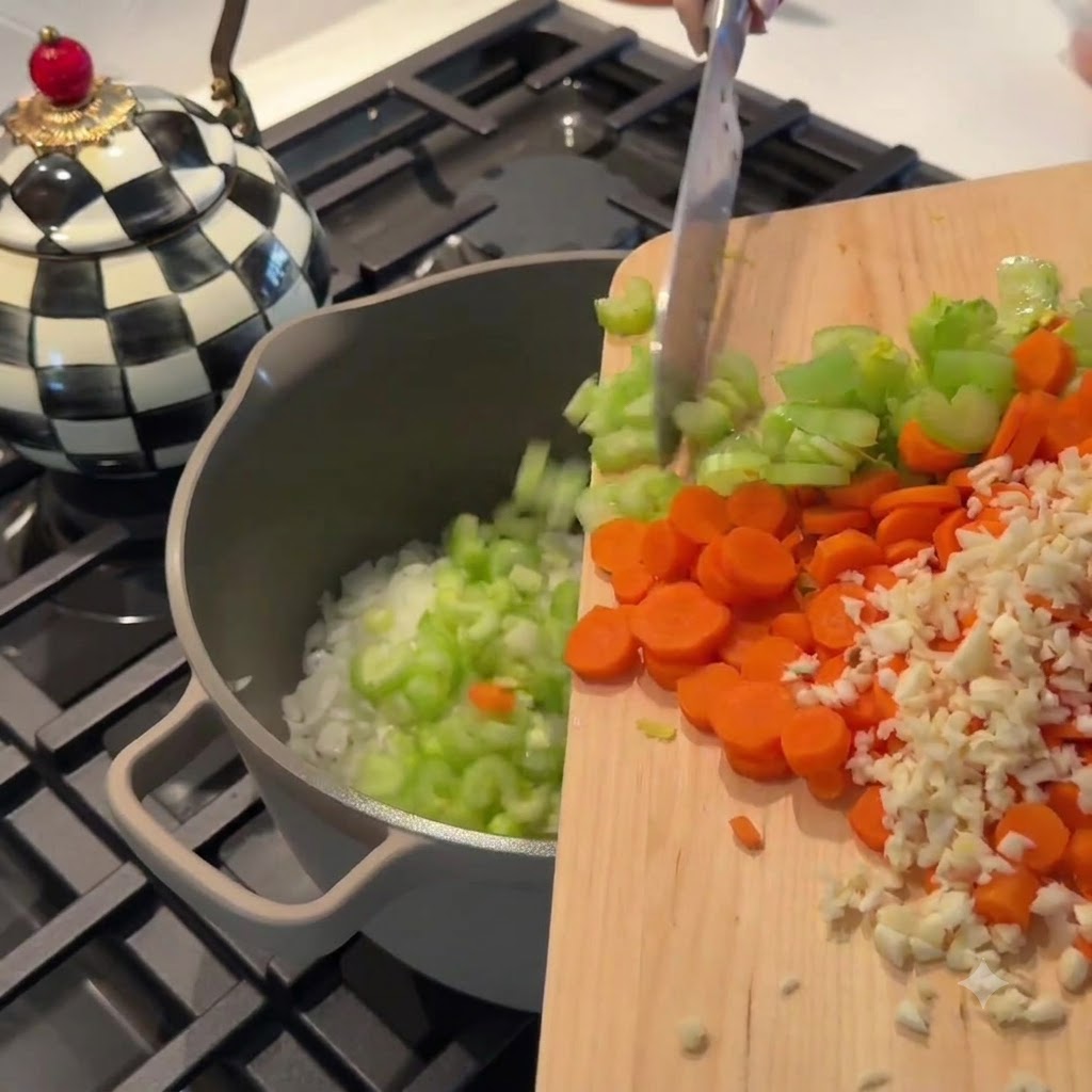 Apio picado, zanahorias y ajo deslizándose desde una tabla de cortar hacia una olla gris.