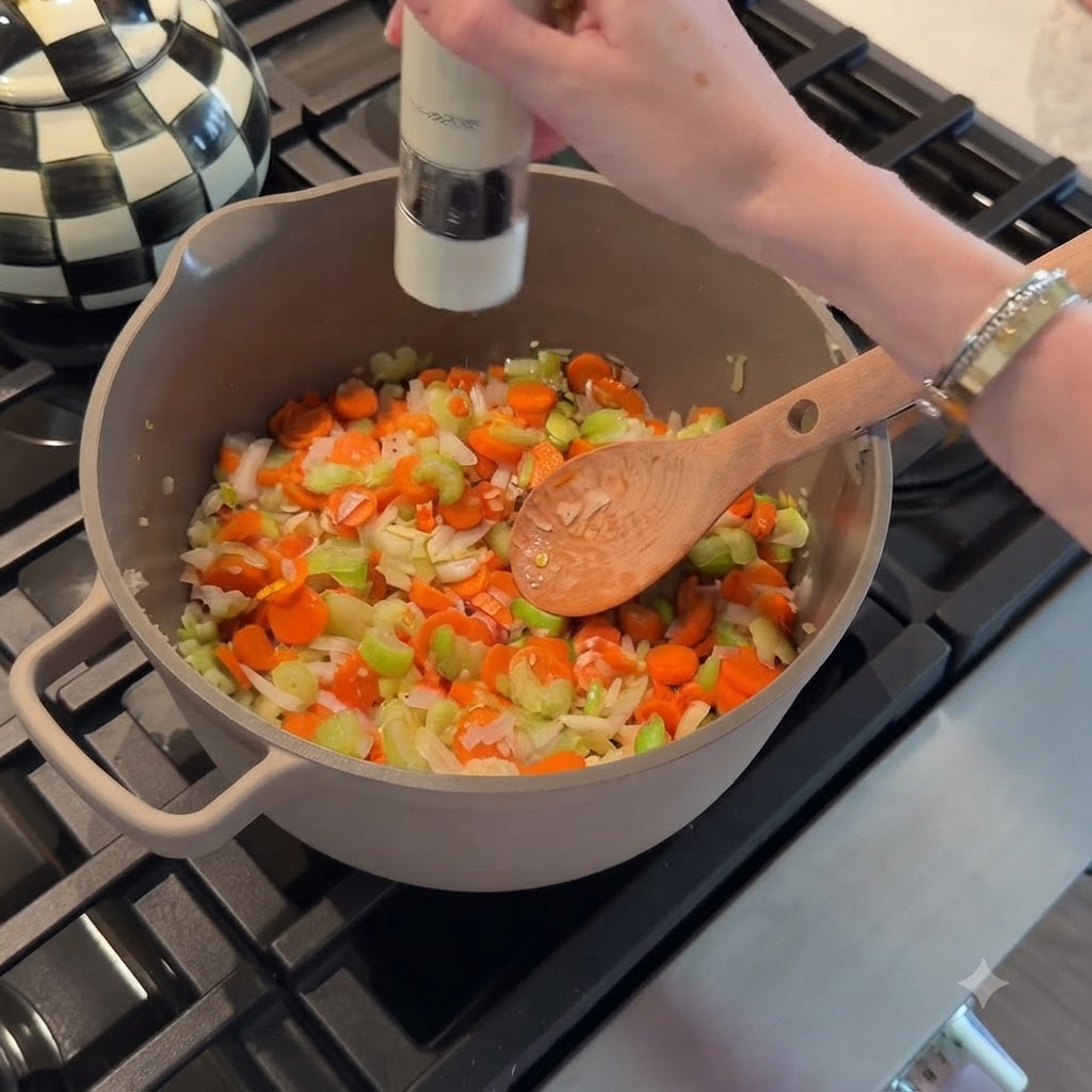 Sal espolvoreándose sobre las verduras cocinándose en una olla mientras se remueven con una cuchara de madera.