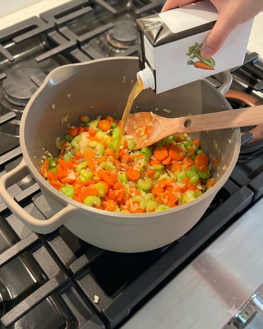 Un cartón de caldo de huesos de pollo vertiéndose en una gran olla gris llena de zanahorias y apio picados.