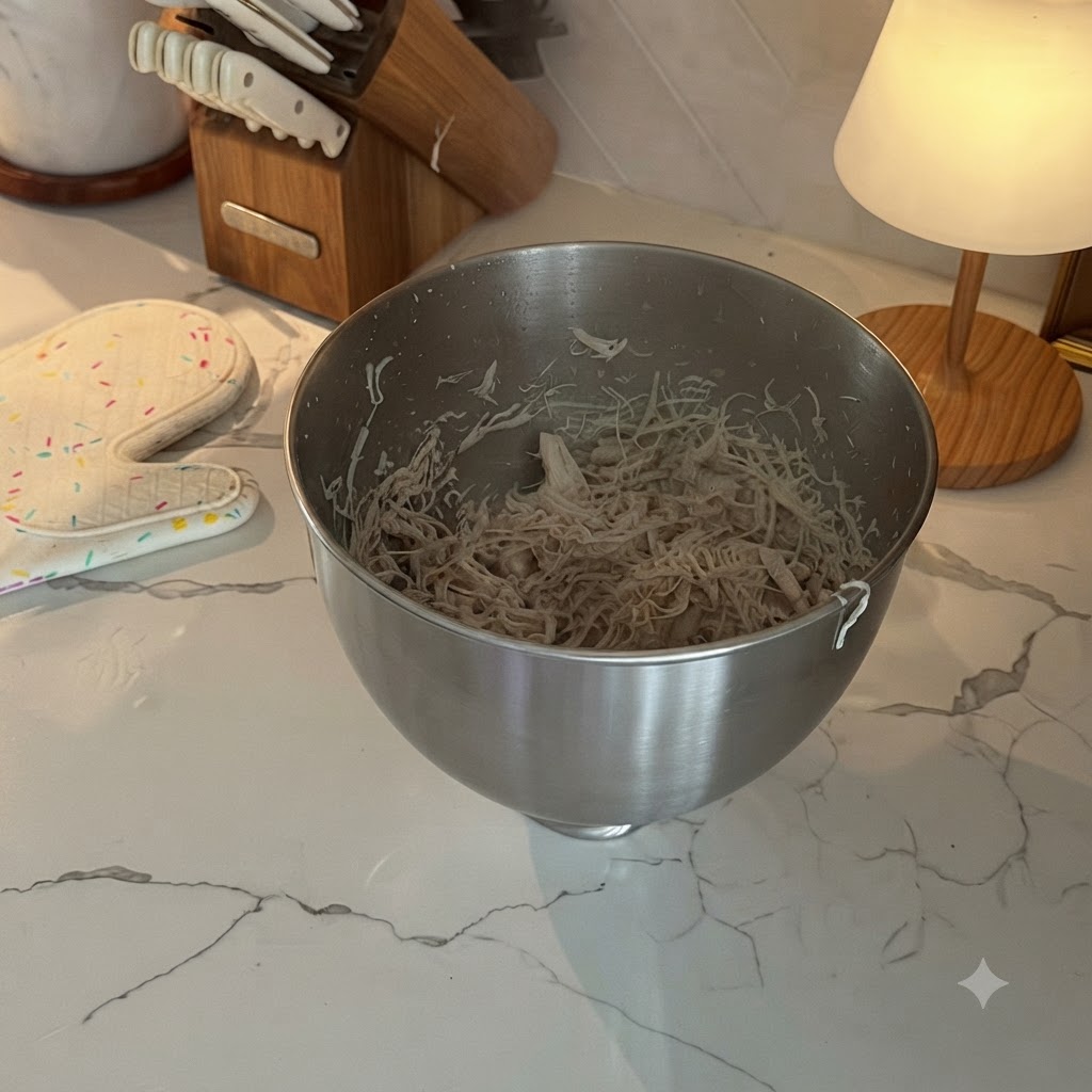 Pechugas de pollo cocidas y finamente desmenuzadas reposando en un bol de acero inoxidable sobre una encimera de mármol.