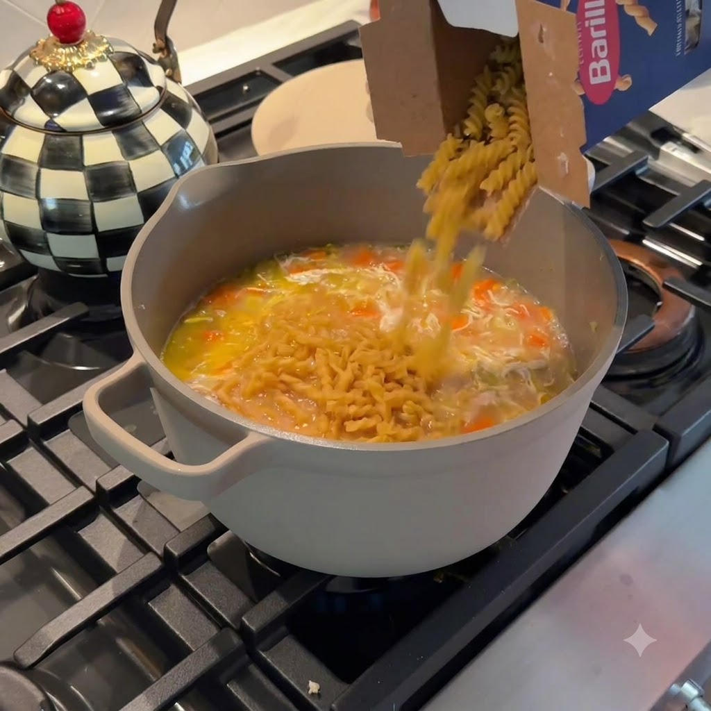 Pasta espiral seca vertiéndose directamente desde una caja de Barilla hacia una olla de sopa de pollo con fideos a fuego lento.