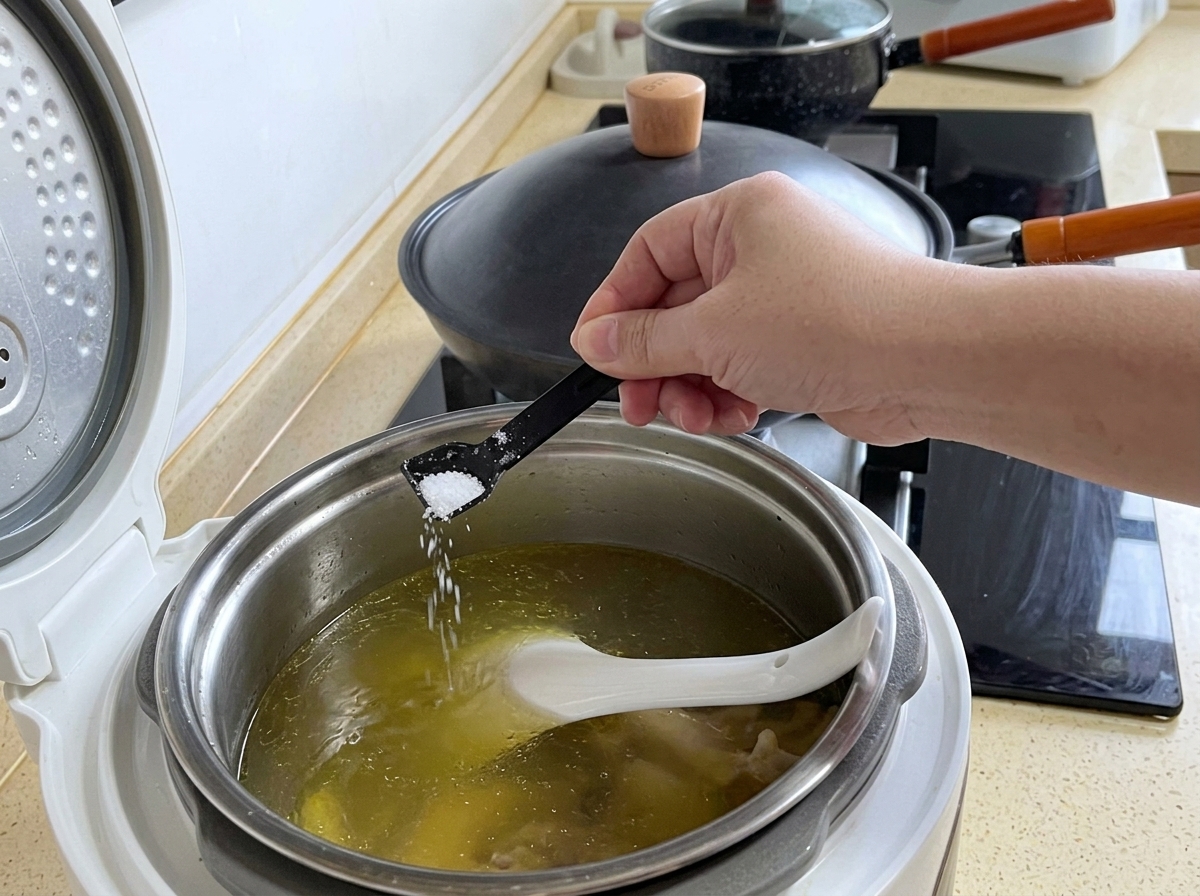 Una pequeña cuchara medidora negra añadiendo sal a una olla humeante de sopa de pollo cocinada.