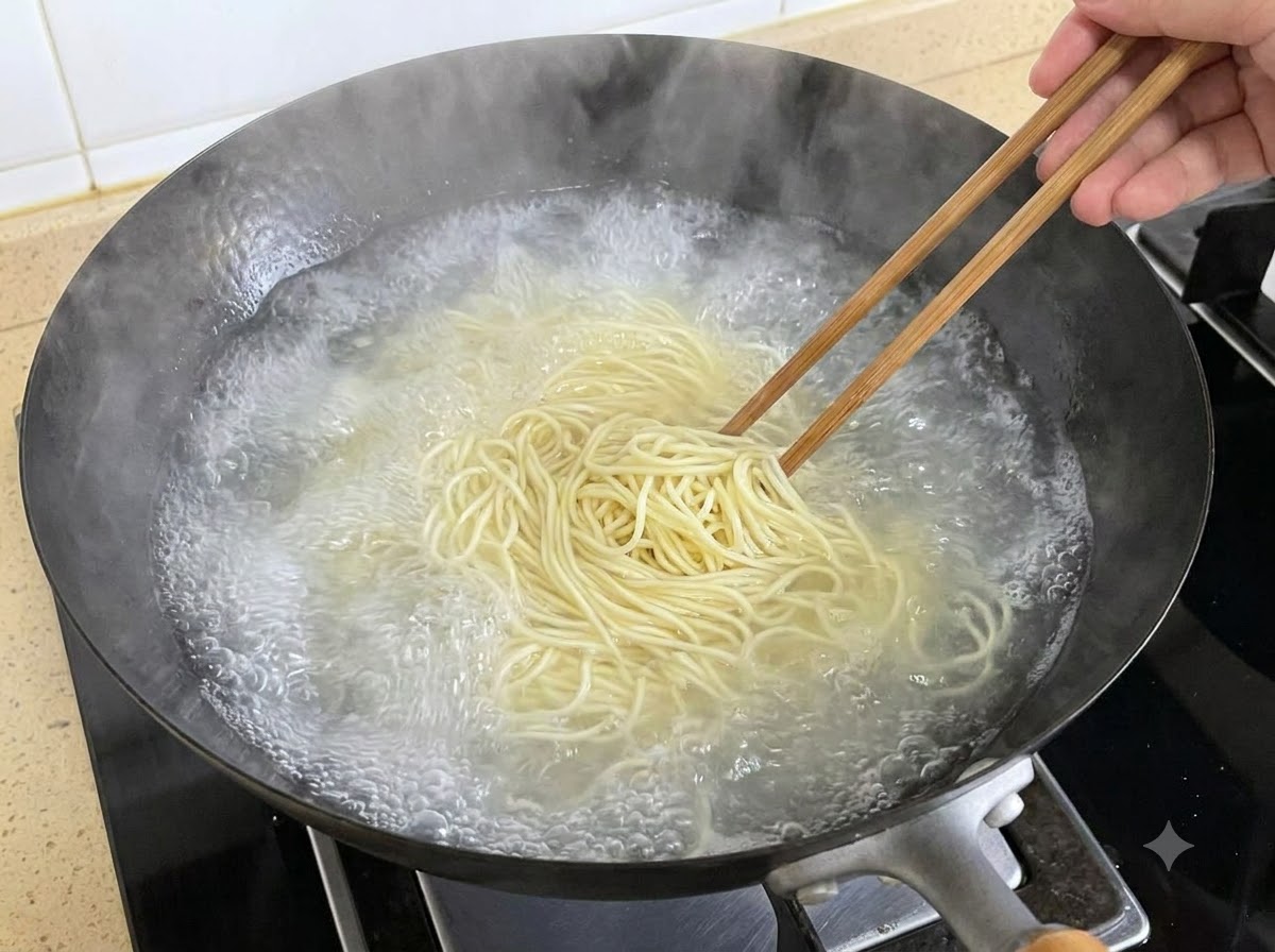 Palillos de madera removiendo fideos finos que hierven en un gran wok negro lleno de agua burbujeante.