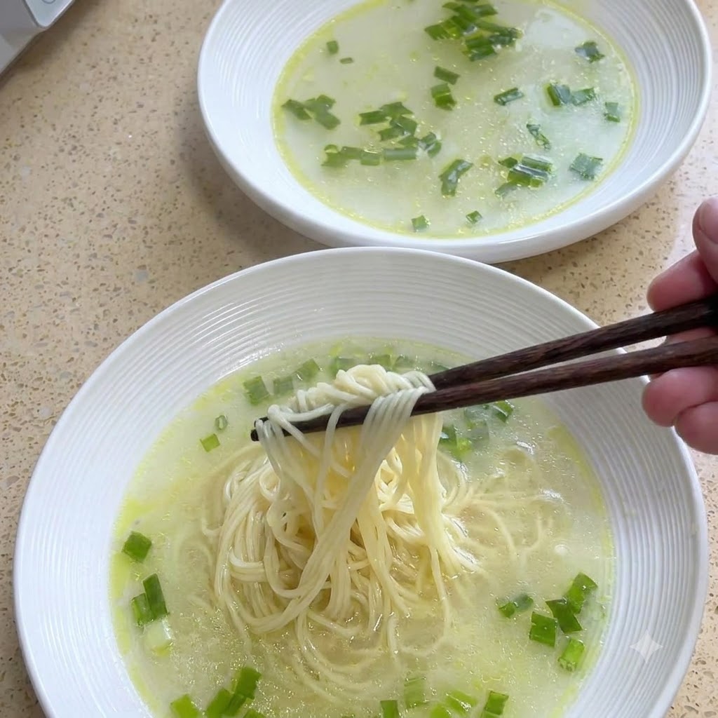 Palillos levantando fideos cocidos y colocándolos en un bol de caldo de pollo.