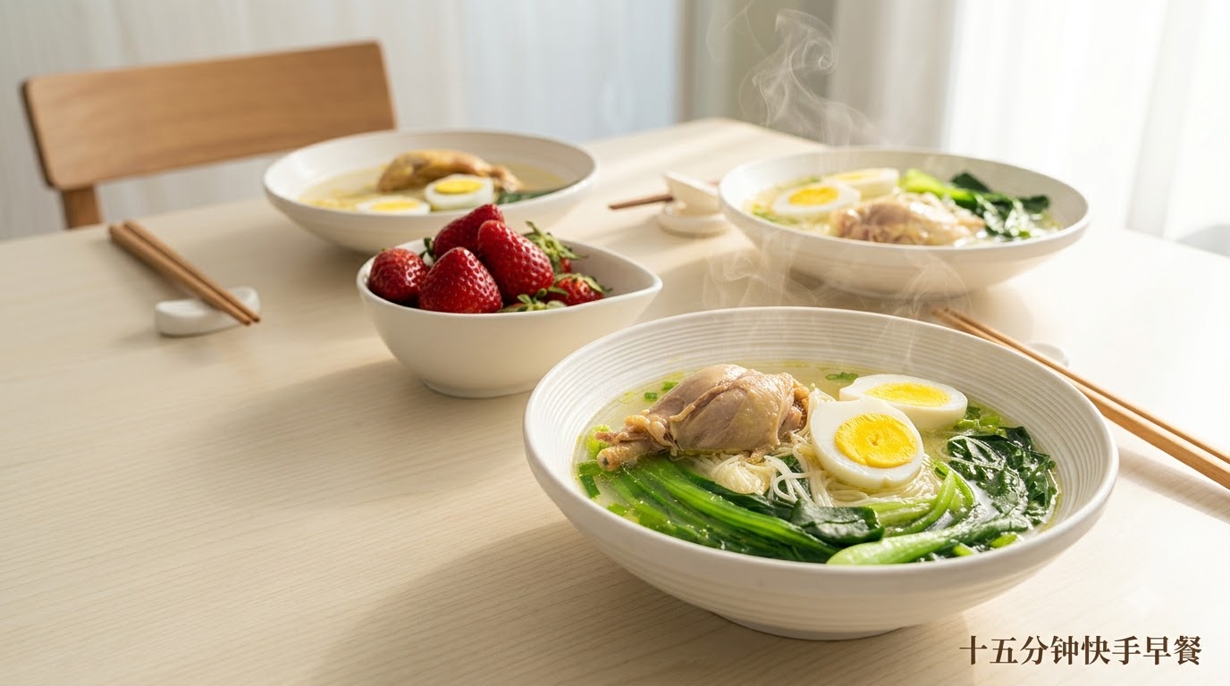 Tres boles de sopa de fideos con pollo humeante, mitades de huevo cocido y bok choy sobre una mesa blanca, junto a un bol de fresas.