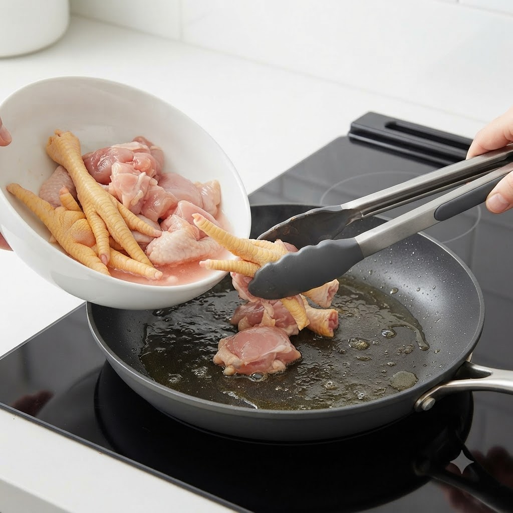 Piezas de pollo crudo siendo colocadas con unas pinzas en una olla con agua hirviendo.