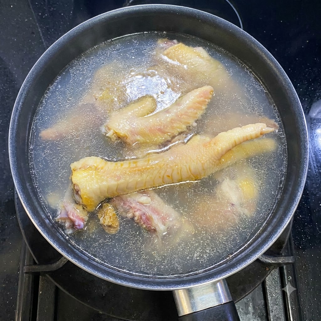 Pollo y jengibre hirviendo juntos en una olla con agua sobre un quemador de la estufa.