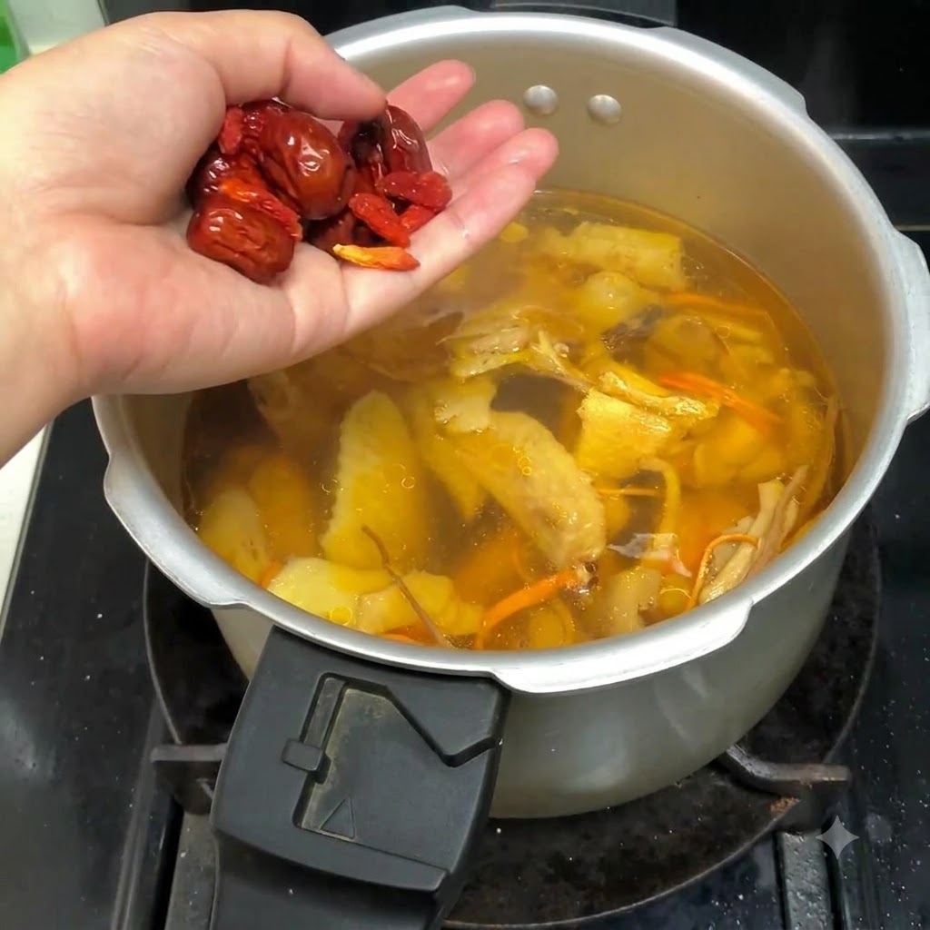 Un puñado de dátiles rojos y bayas de goji siendo añadidos a la olla a presión con el caldo de pollo.