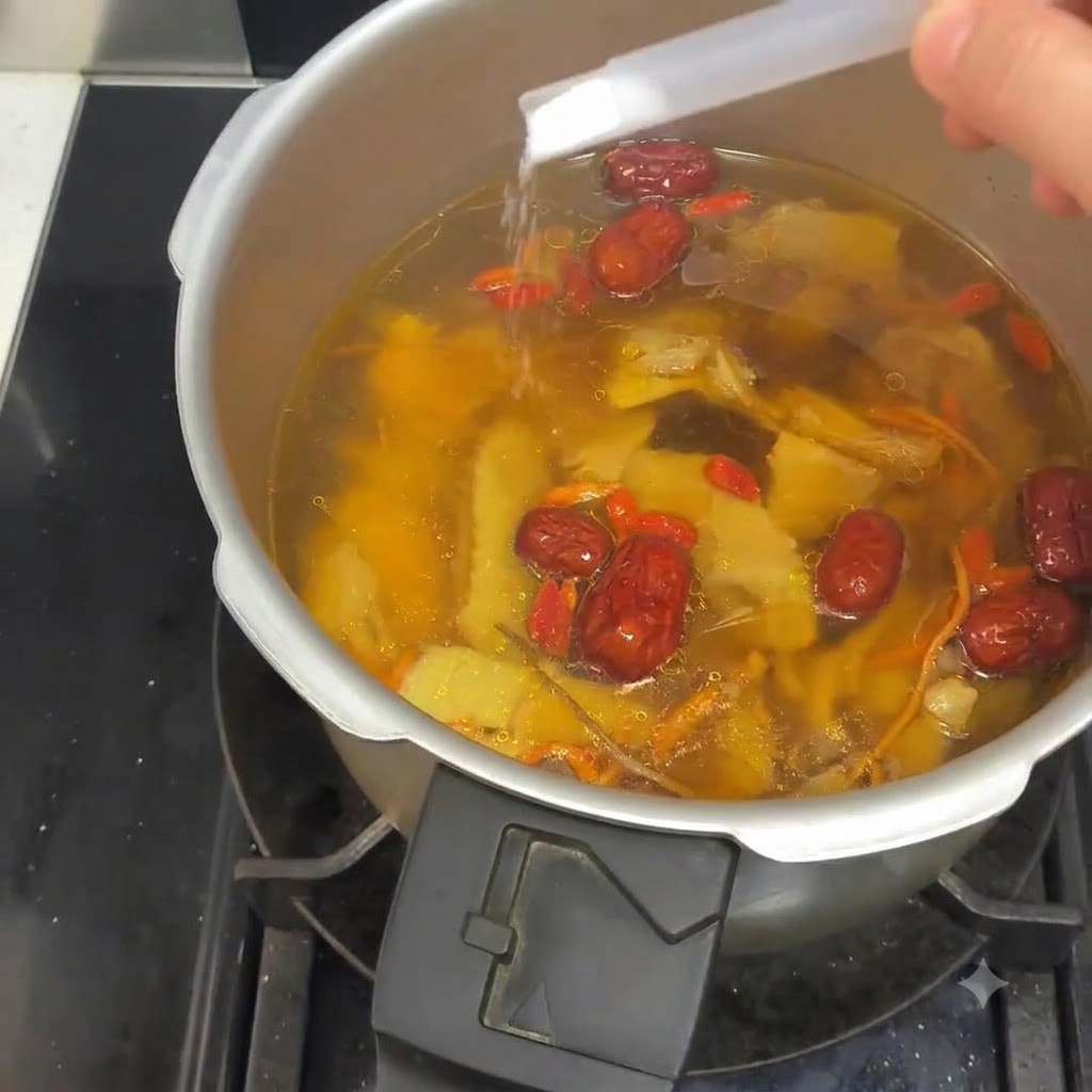 Una pizca de sal siendo espolvoreada en la sopa de pollo a fuego lento dentro de la olla.