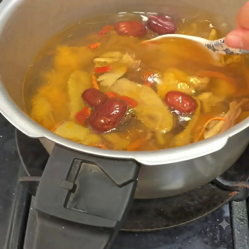 Un cucharón blanco removiendo la burbujeante sopa de pollo llena de setas, dátiles y hierbas.