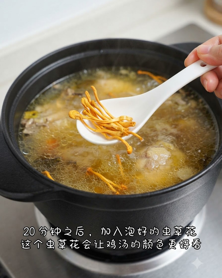 Una cuchara blanca con flores naranjas de cordyceps sobre una olla de sopa de pollo hirviendo.