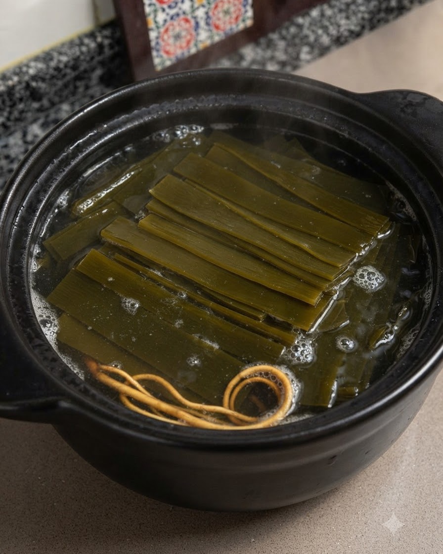 Un cucharón removiendo el caldo caliente con kelp, flores de cordyceps y pollo dentro de la olla.
