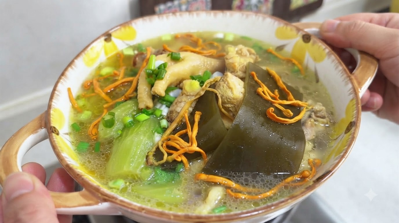 Sopa de Pollo Tradicional con Algas Kelp y Celtuce