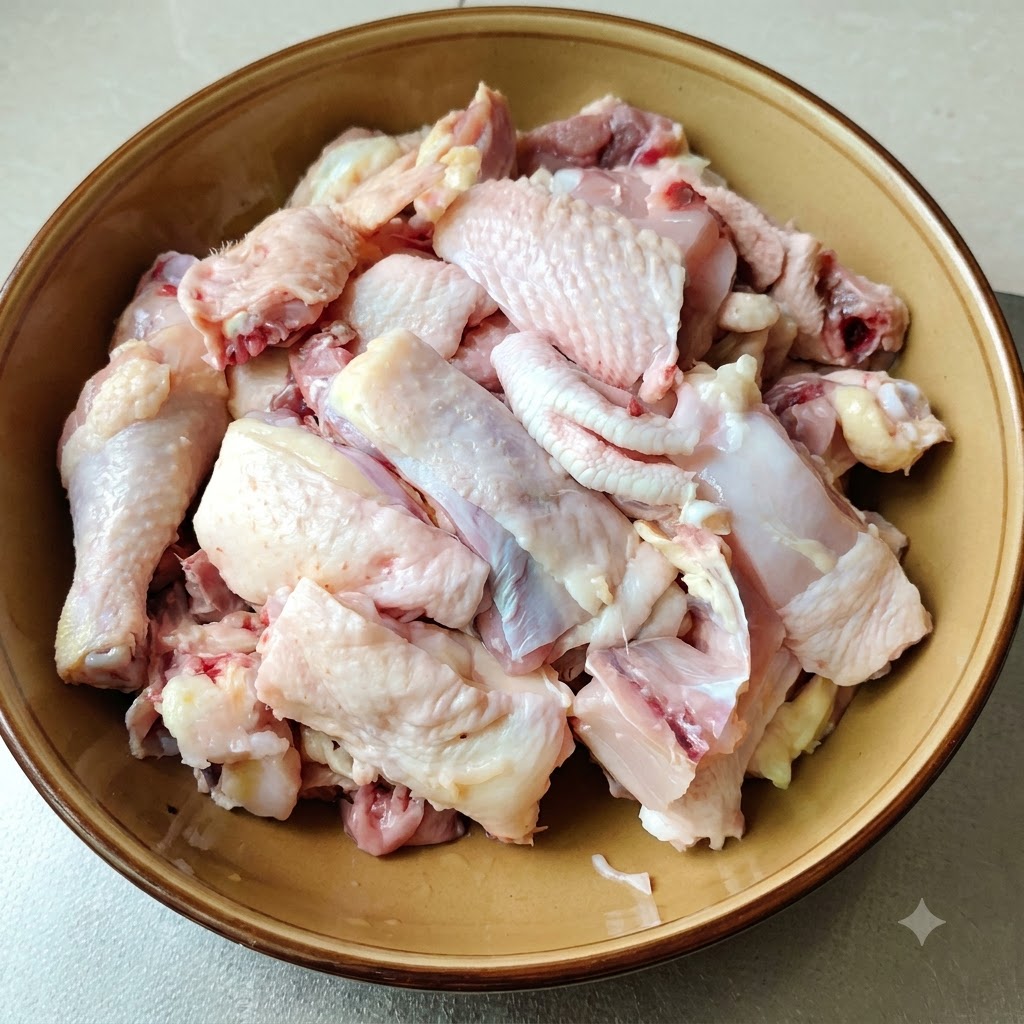 Trozos de pollo crudo organizados dentro de un cuenco marrón.