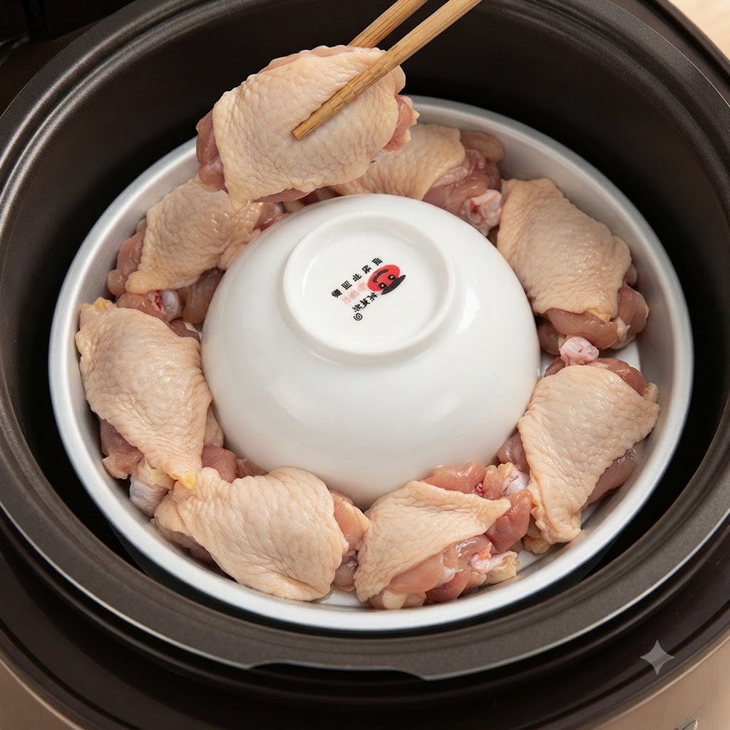 Trozos de pollo organizados con palillos alrededor del cuenco invertido dentro de la olla.