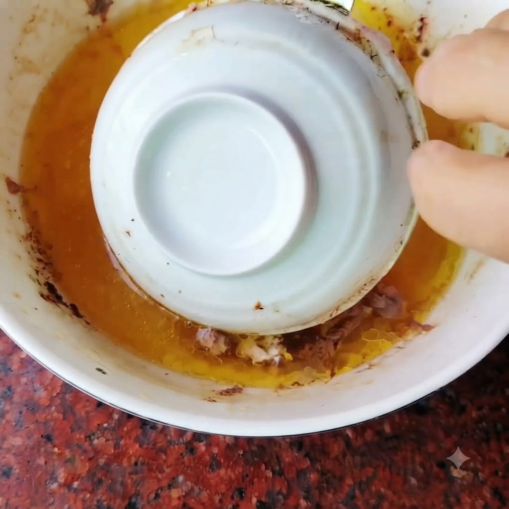 Un cuenco blanco invertido siendo levantado de un cuenco más grande, liberando esencia de pollo dorada en el líquido circundante.