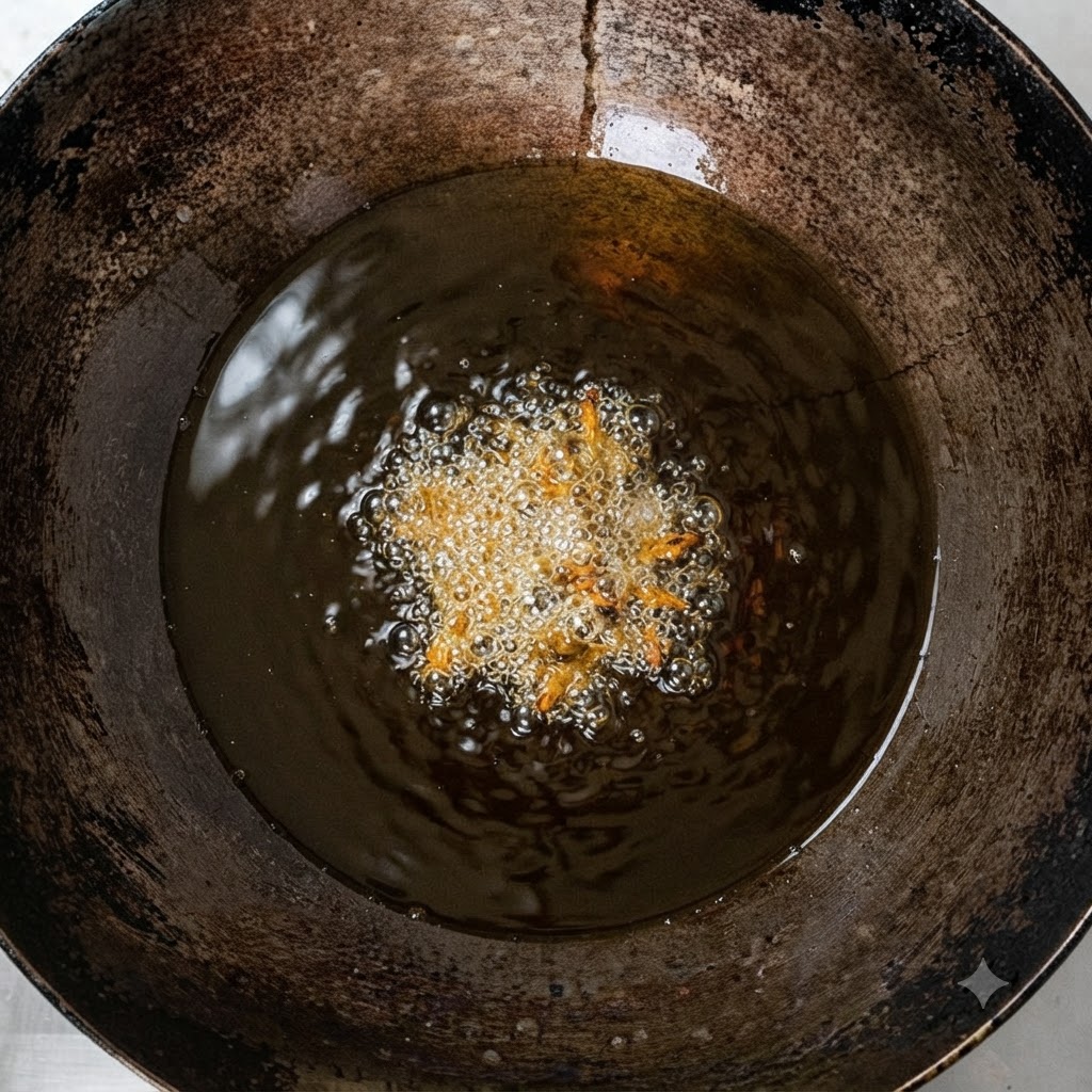 Rodajas de jengibre chisporroteando y friéndose en aceite caliente dentro de un wok.