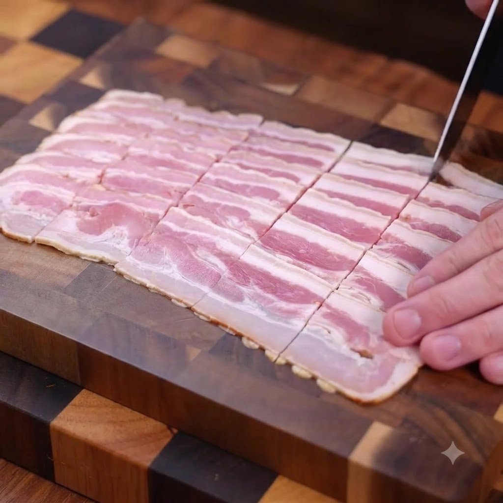 Cortando tocino ahumado crudo en trozos pequeños sobre una tabla de cortar de madera.