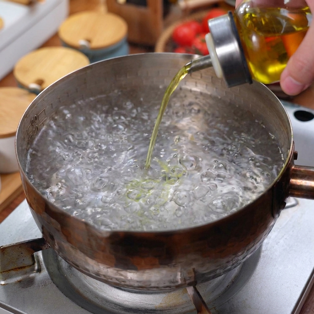 Vertiendo aceite de cocina en una olla con agua hirviendo a borbotones.