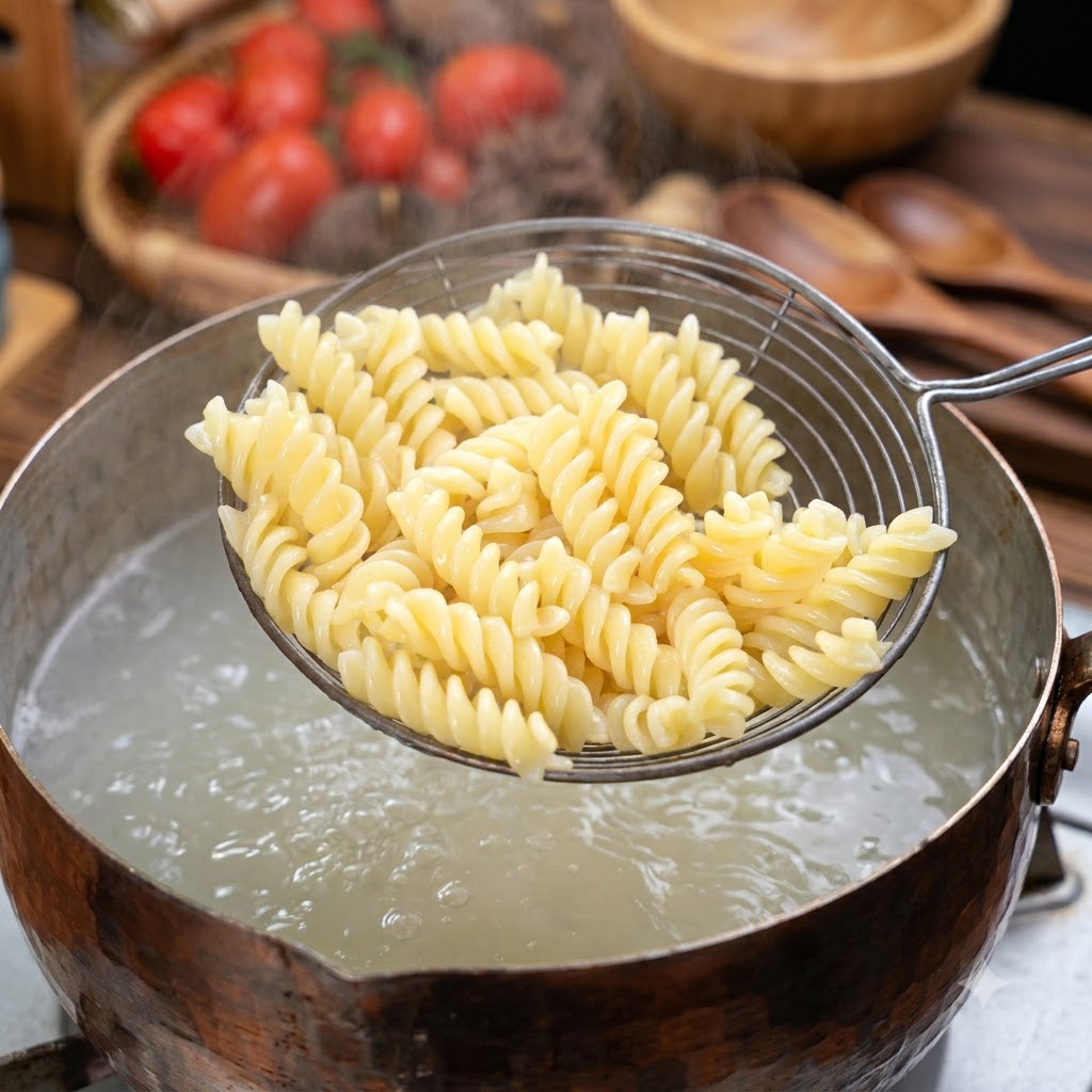 Pasta en espiral cocida siendo sacada del agua hirviendo con una espumadera.