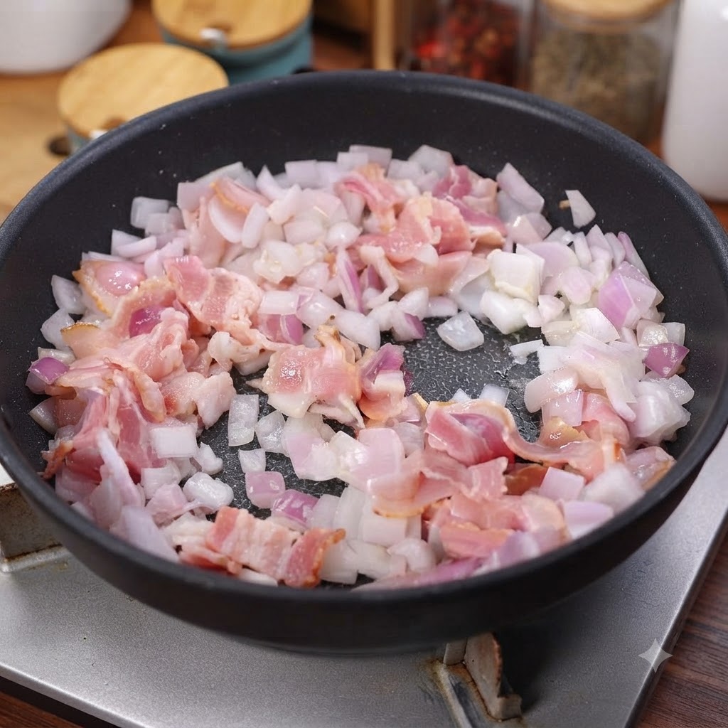 Rebanadas de tocino ahumado y cebolla picada cocinándose juntos en una sartén antiadherente.