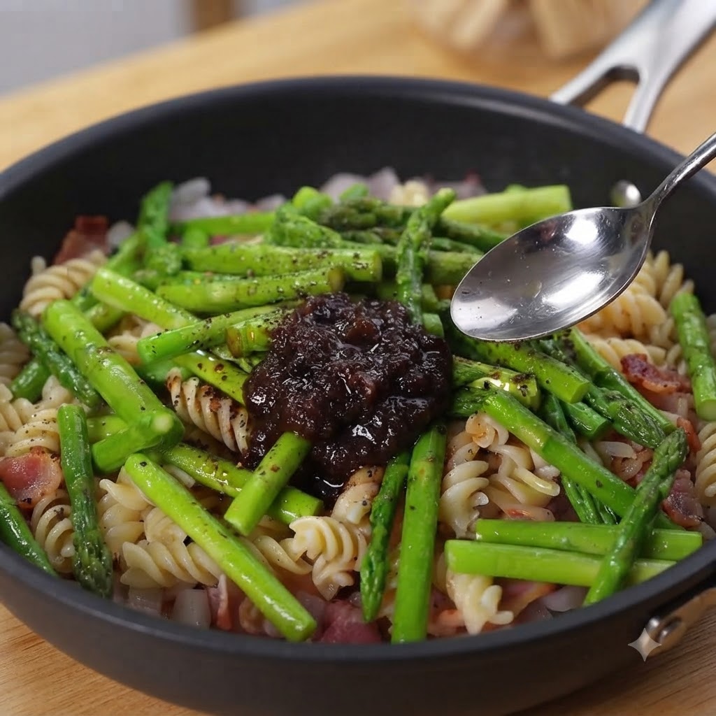 Una cuchara de metal dejando caer una espesa y oscura salsa de trufa negra sobre una sartén de pasta en espiral y espárragos verdes cocidos.