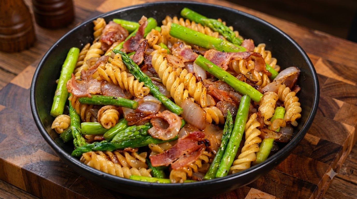 Pasta con Trufa, Espárragos y Tocino Ahumado