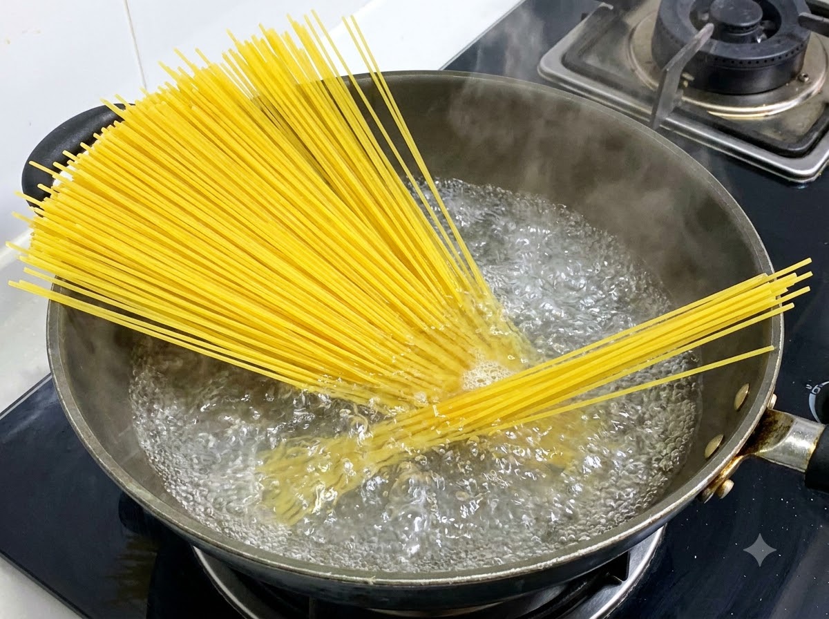 Fideos largos de espagueti hirviendo en una olla con agua burbujeante.