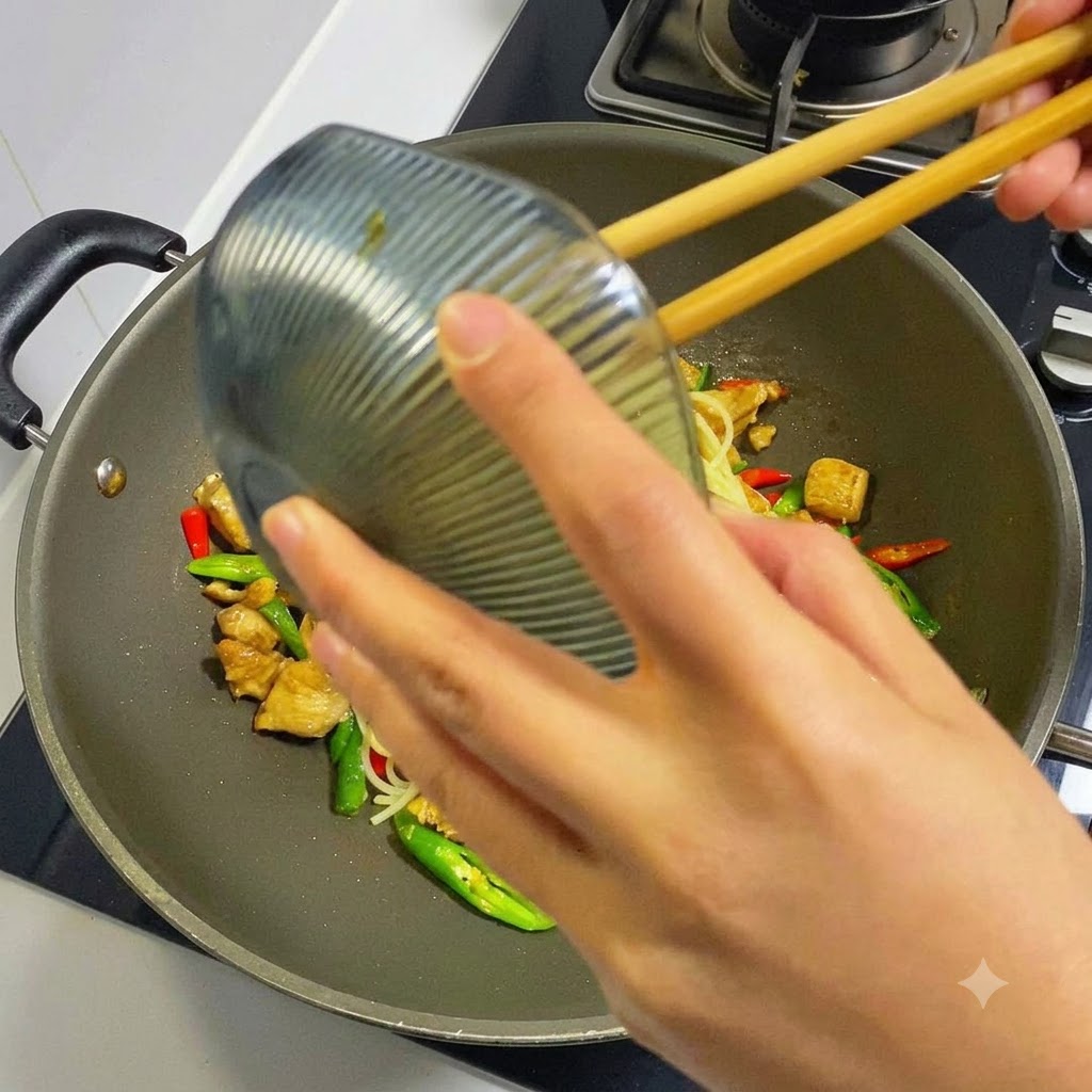 Manos vertiendo una salsa oscura desde un tazón pequeño en un wok sobre los espaguetis y el pollo.