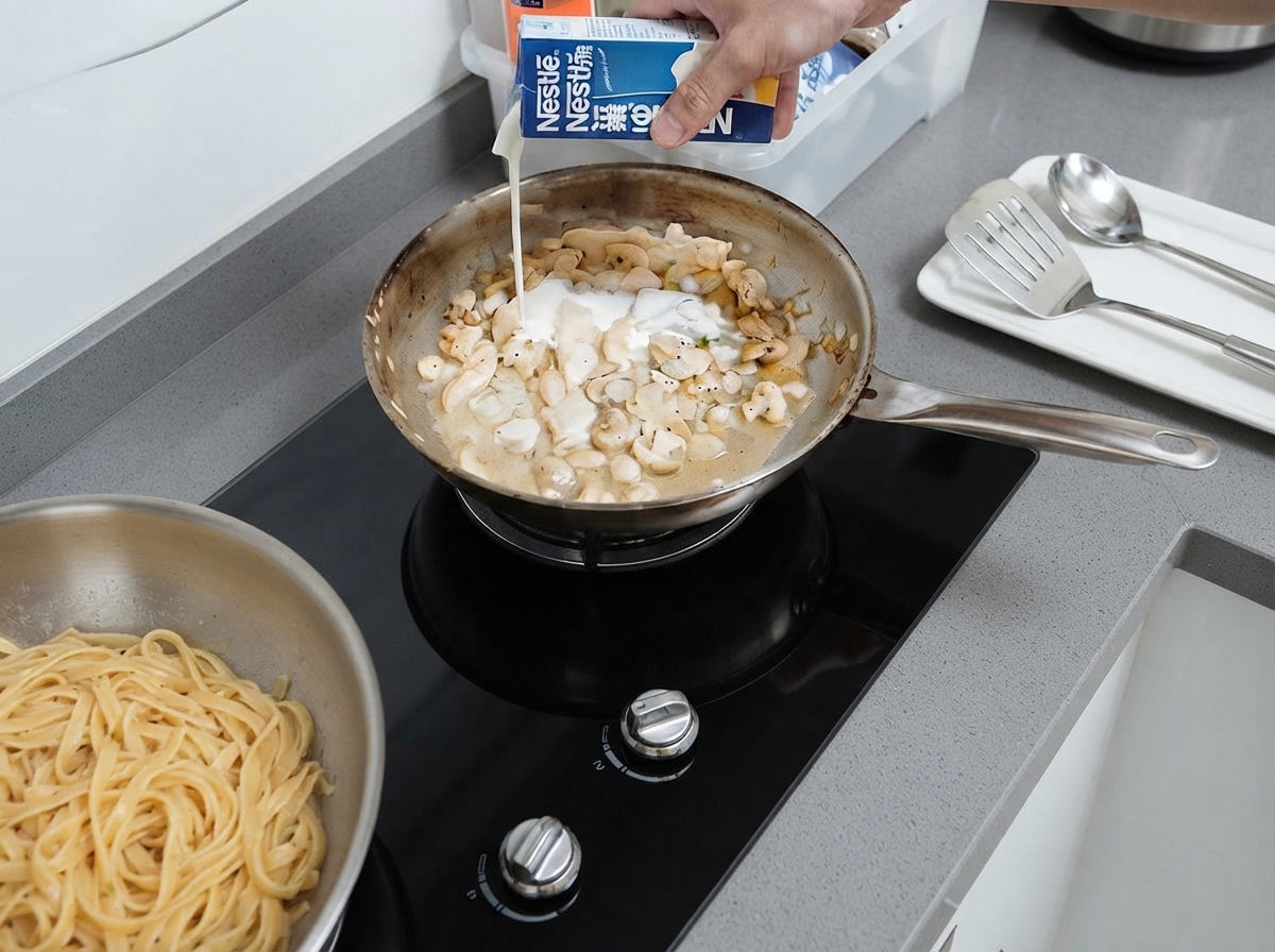 Crema espesa siendo vertida desde un cartón en una sartén con pollo y verduras.