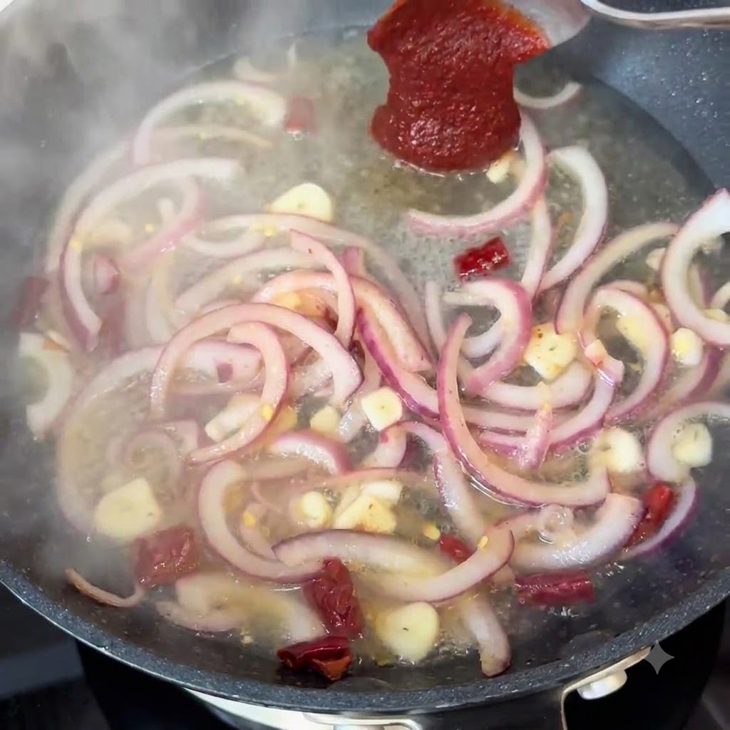 Pasta picante coreana siendo añadida con una cuchara a una sartén con agua, cebolla en tiras y condimentos.