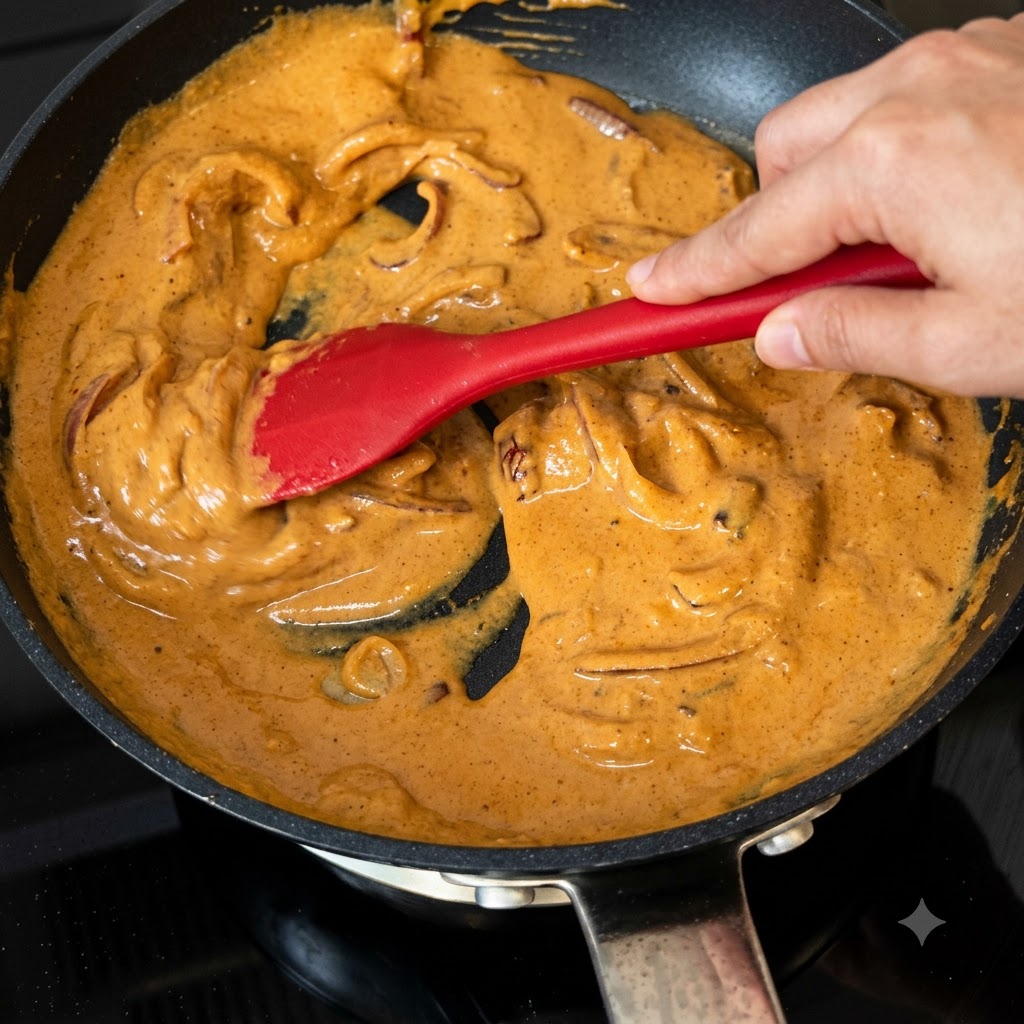 Una espátula roja removiendo una salsa de crema de curry naranja, suave y rica, dentro de una sartén.