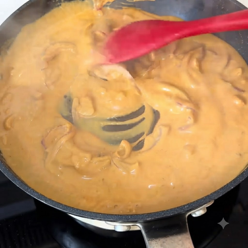 Espaguetis cocidos mezclándose en una espesa y burbujeante salsa cremosa de curry de color naranja en una sartén.