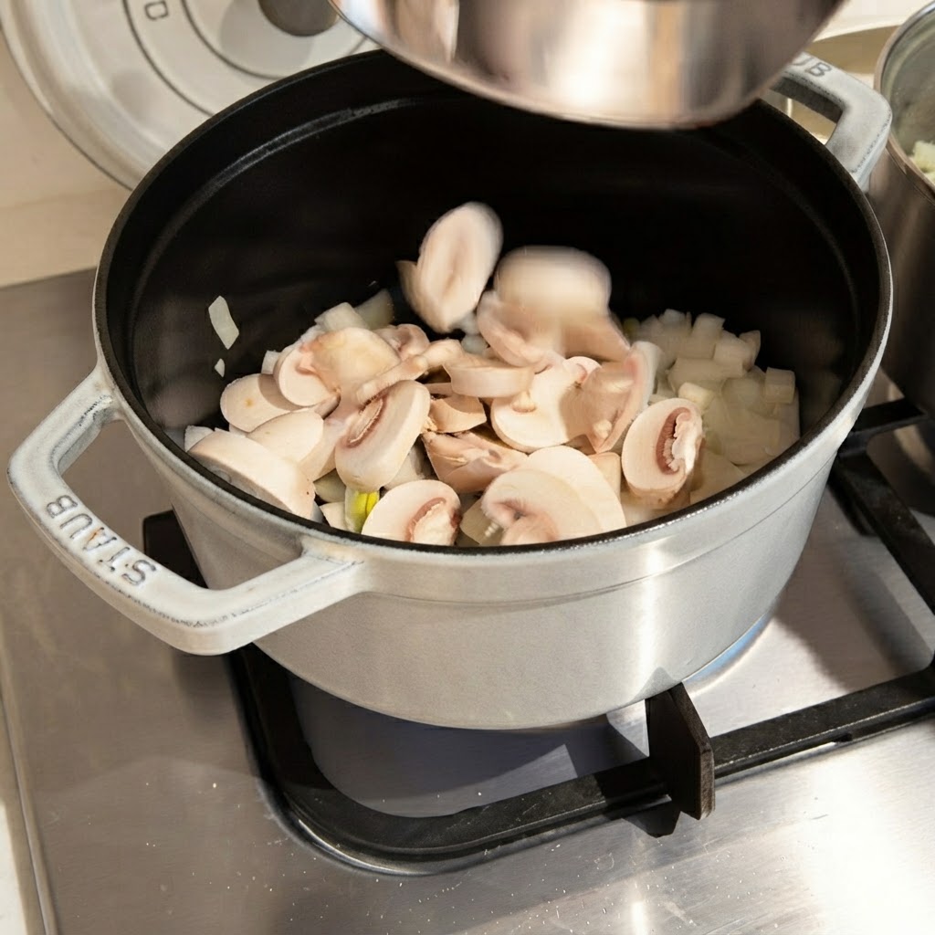 Champiñones recién rebanados cayendo desde un recipiente de metal a una olla de cocción llena de cebollas.