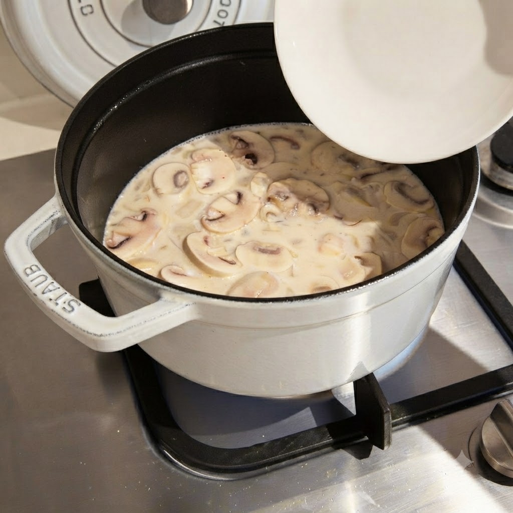 Una mezcla líquida cremosa con rodajas de champiñones llenando una olla en un quemador de gas.