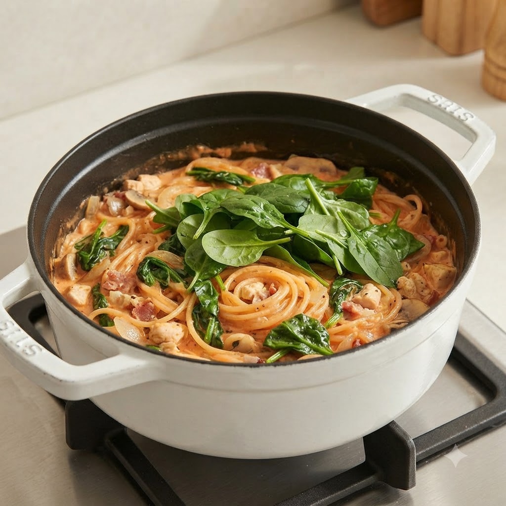 Hojas de espinaca fresca amontonadas sobre pasta cremosa con pollo y tocino en una olla blanca.