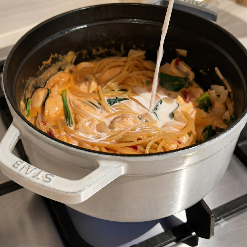 Líquido siendo vertido desde un pico en una olla de pasta y salsa cocinándose en un quemador de estufa.