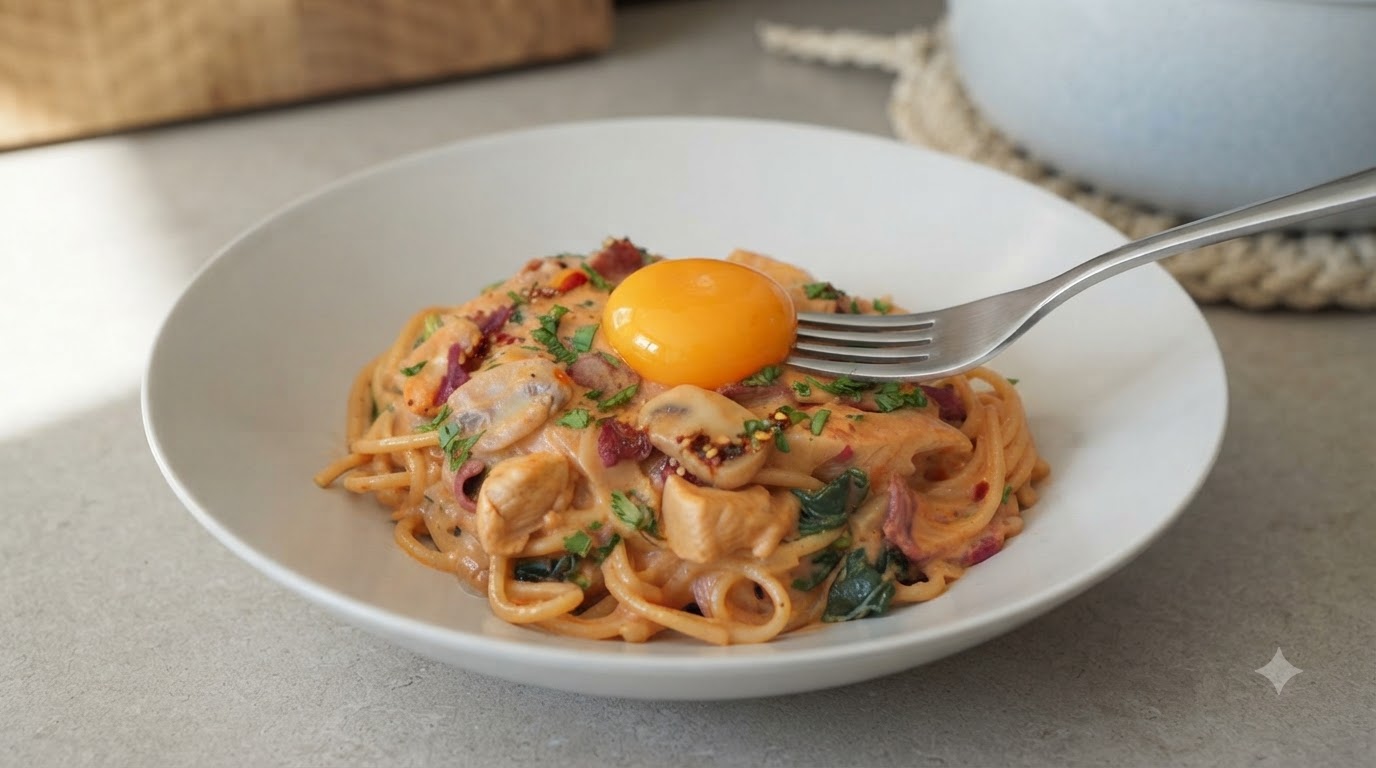 Pasta Picante y Cremosa con Tocino y Pollo