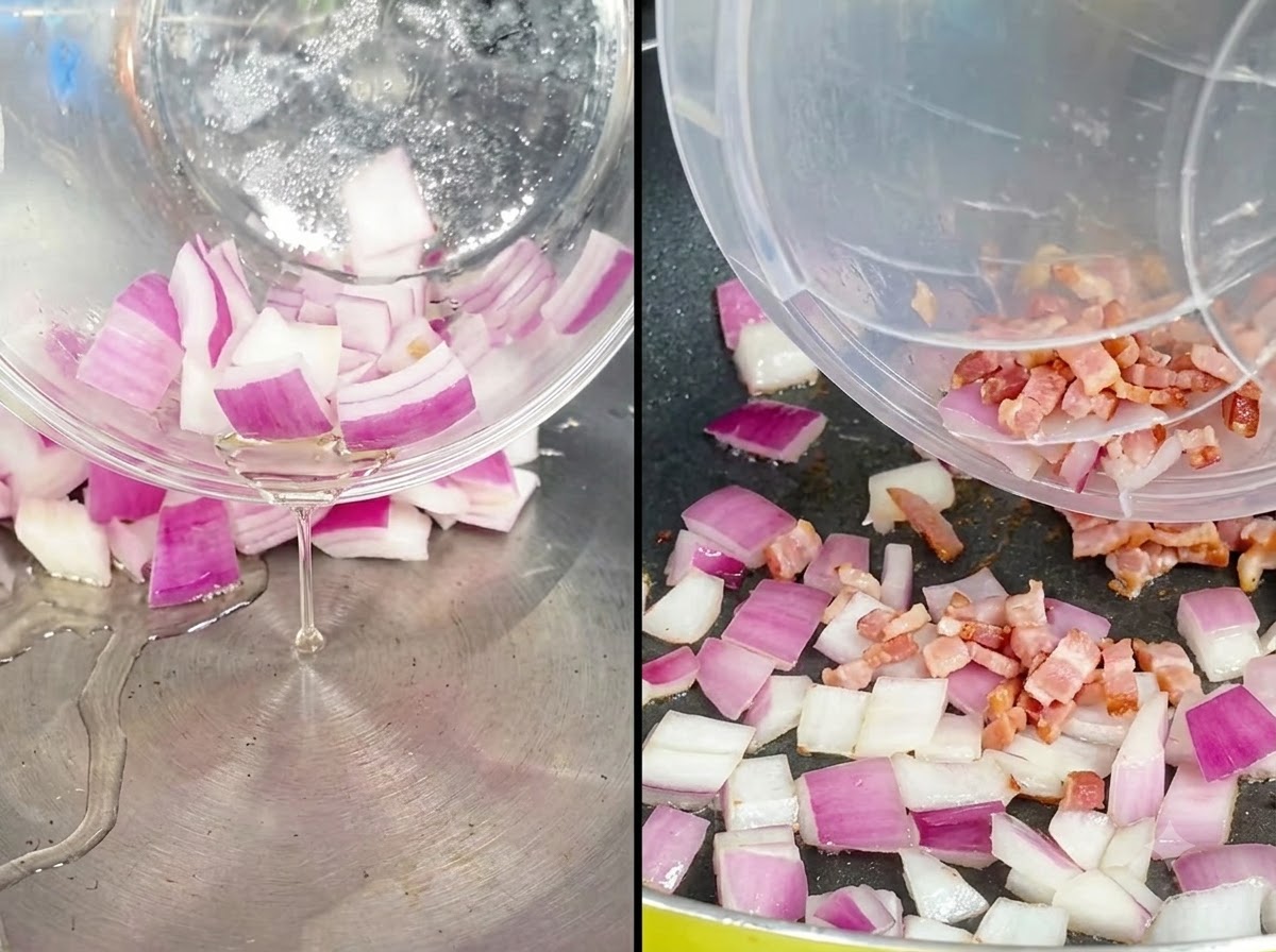 Cebolla morada picada y tocino crudo siendo vertidos en un sartén con aceite caliente.