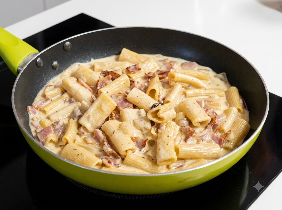 La pasta y la salsa de crema mezcladas a fondo con pasta de trufa, mostrando un color beige moteado en un sartén.