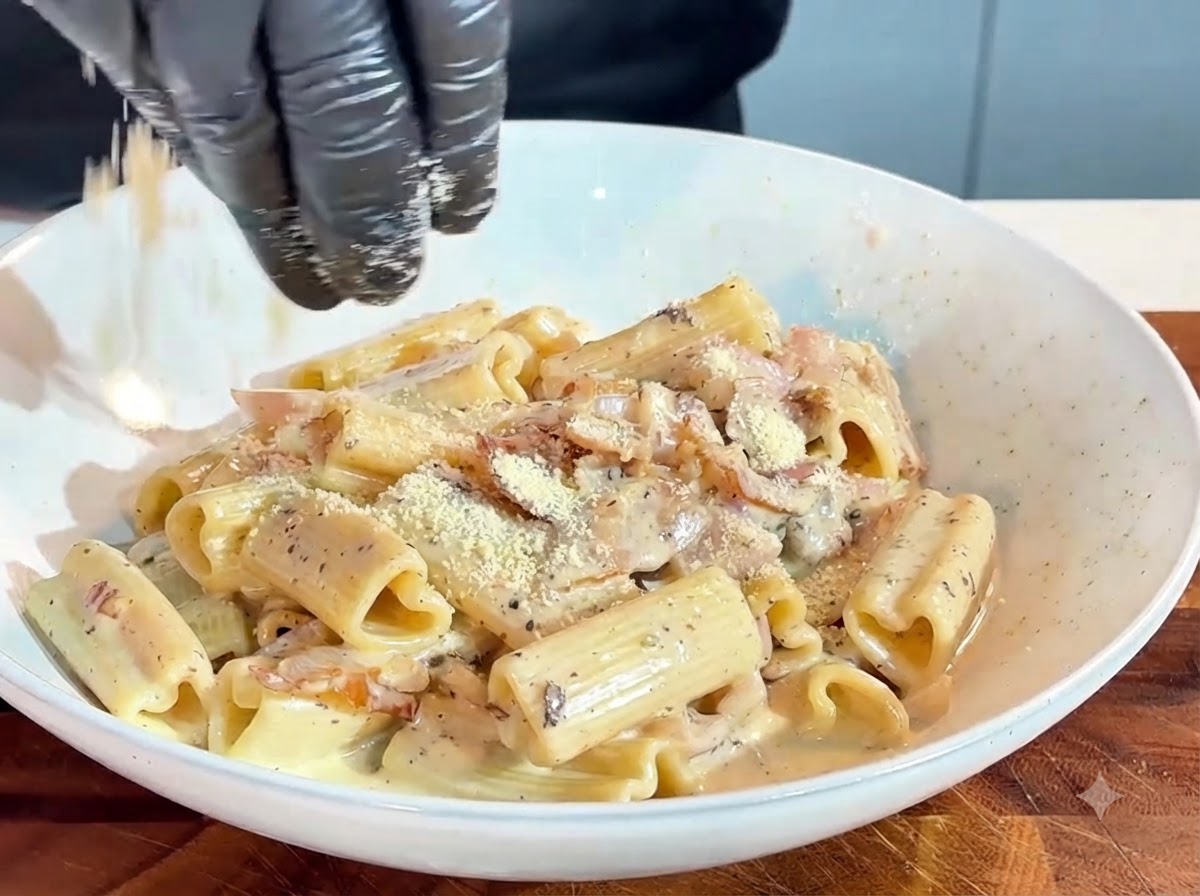 Queso rallado en polvo siendo esparcido desde arriba sobre un plato de pasta servida.