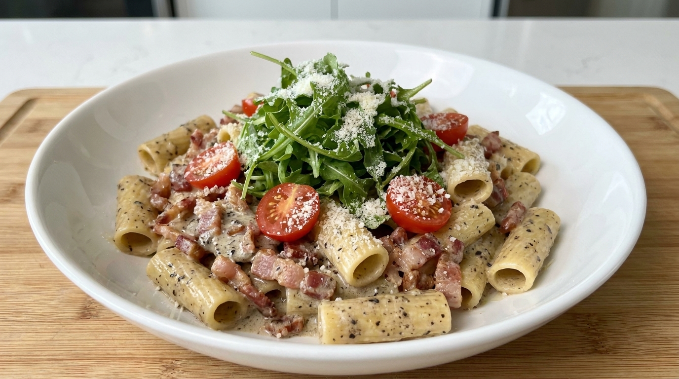 Pasta en Forma de Corazón con Crema de Tocino y Trufa Negra