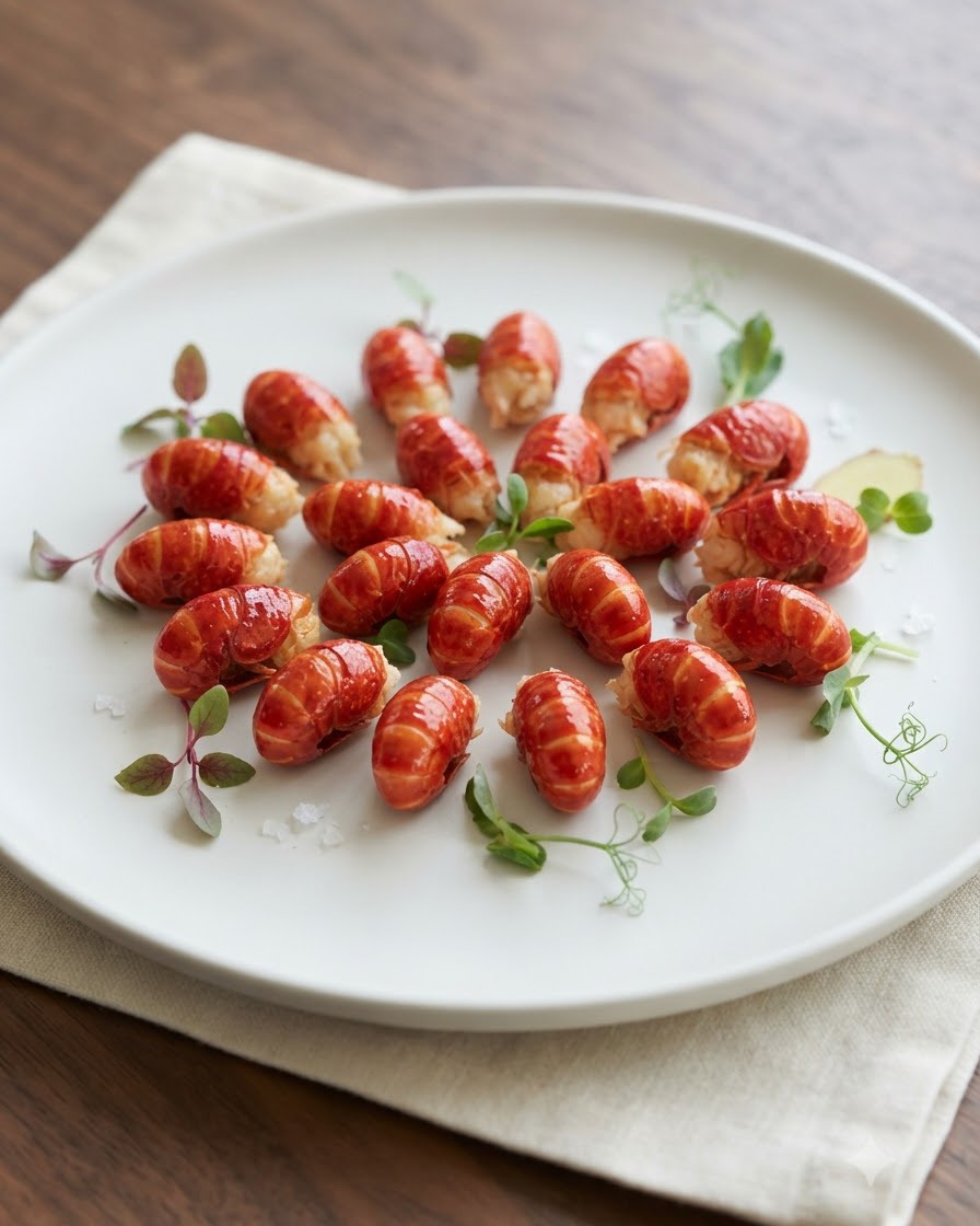 Un plato blanco dispuesto con colas de cangrejo de río rojas cuidadosamente peladas y guarniciones de hierbas verdes.