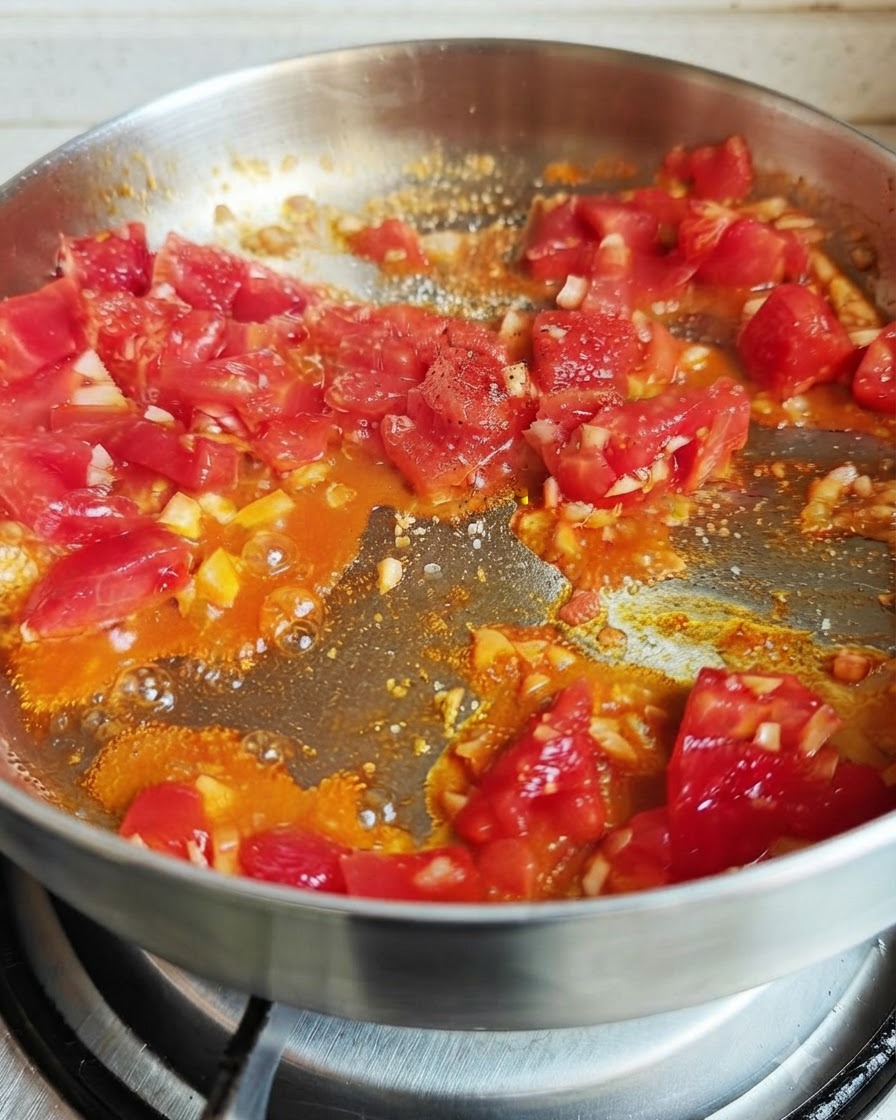 Tomates cocinándose en una sartén con condimentos espolvoreados como sal, pimienta y salsa de soja.
