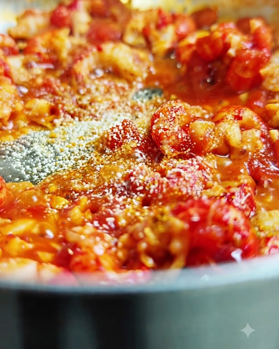 Fino queso en polvo cayendo y dispersándose sobre la salsa burbujeante y el cangrejo en la sartén.